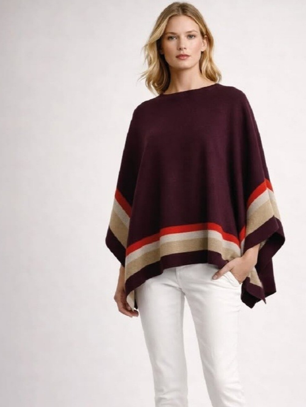 NWT Ann Taylor Poncho Sweater Burgundy & Tan Red Striped Hem Oversized M/L
